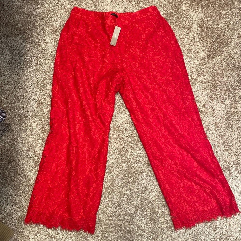 NWT J.Crew, High-rise pull-on Peyton wide-leg pant in lace, harvest red, size 14